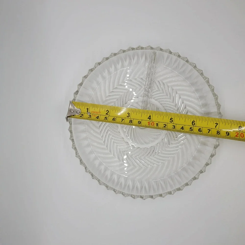Vintage Clear Pressed Glass Divided Relish‎ Dish Herringbone Scalloped Rim 7